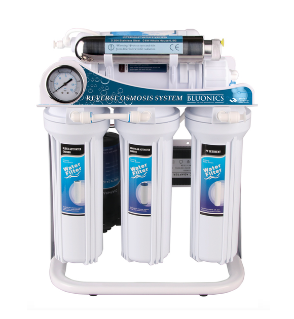 Bluonics Reverse Osmosis Ultraviolet Water Filter System UV Sterilizer Treat Virus and Bacteria RO 6 Stage 100 GPD with Booster Pump (WHITE CANISTERS)